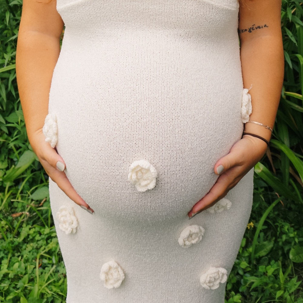 White Knit (Maternity) Dress with Crochet Flowers
